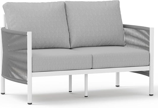 Aluminum Outdoor Patio Couch Loveseat, HDPE Rope Patio Sofa with Washable Thick Cushion, All-Weather Patio Furniture for Balcony, Yard, White Frame, White