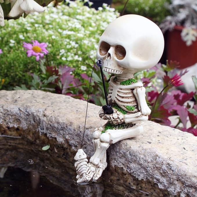 Fishing Skeleton Statue Halloween Decorations, 4.5 Inch Cute Sitting Skull Figurine Shelf Sitter Resin Sculpture for Outdoor Garden Yard Lawn Pond Waterfalls Pool Ornaments