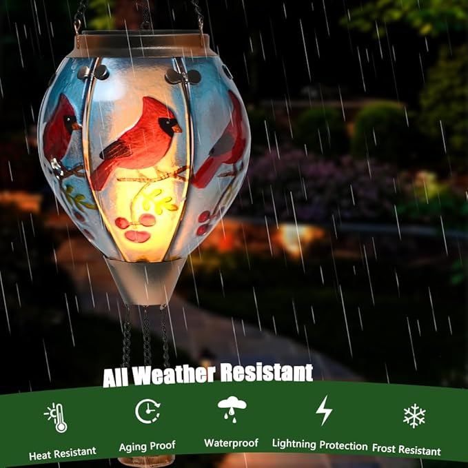 Hot Air Balloon Solar Lantern - Cardinal Bird Glass Lantern, Simulated Flickering & Dancing Flame, Outdoor Hanging Yard Light Waterproof IP65 for Patio Lawn Porch Decor Gift