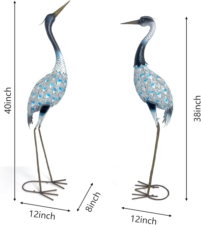 HONGLAND Garden Crane Statues Blue Heron Sculptures for Outdoor Metal Large Birds Lawn Ornaments for Yard Patio Porch Outside Decorations,Set of 2