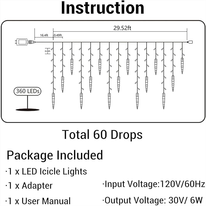 Icicle Christmas Lights, 29.5ft 360 LED Connectable Icicle String Lights with 60 Drops, Window Curtain Fairy Light with 8 Modes, Christmas Fairy Twinkle Light for Garden Eaves Xmas Decorations (White)