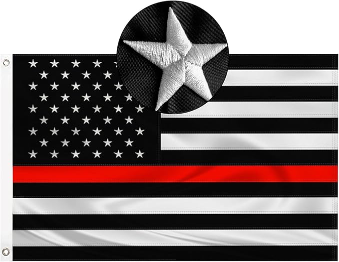 Embroidered Thin Red Line Firefighter Flag 3x5 Outdoor Fire Fighter Flags Polyester Fiber Fireman Flag Banner Bright Color with Durable Canvas Header and 2 Brass Grommets