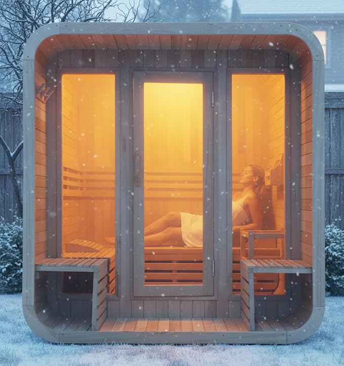 Square Outdoor Sauna, Canadian Hemlock Sauna 4 Person, 240V 6KW ETL Harvia Heater, Porch,Waterproof System, Large Glass Windows, Wood Tiles, Double Reinforcement-Fast Delivery(0-195 °F)