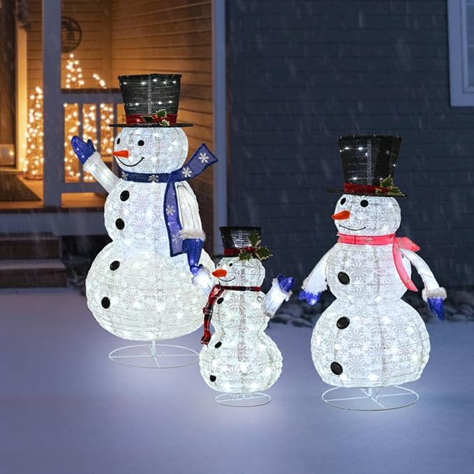 3 Piece Pre-lit Christmas Snowman Family, 270 LED 3D 2ft+3ft+5ft Lighted Snowman for Outdoor Indoor Xmas Decorations