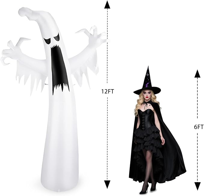 Halloween Inflatable Ghost Decoration, LED Color Changing Lights, Outdoor Yard Decor with Wings (12FT Giant White Ghost)