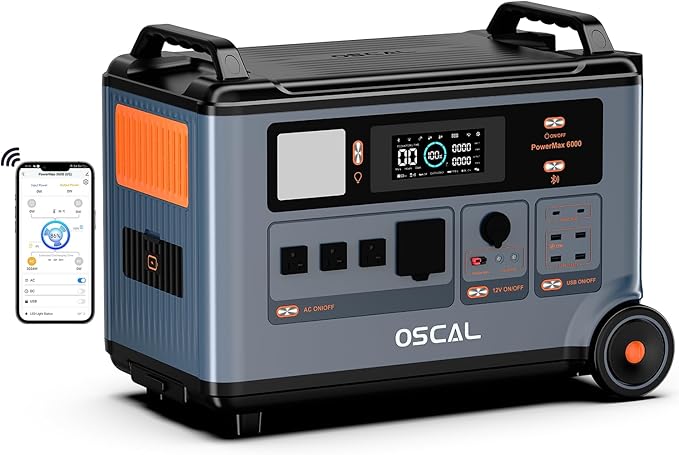 OSCAL PowerMax 6000 3600Wh Solar Generator, 6000W LFP Battery Power Station, 120/240V Split Phase Voltage, Expandable to 57.6kWh, 9000W Peak AC Outlets, 2200W/1.96H Fast Charging, for Home Emergency