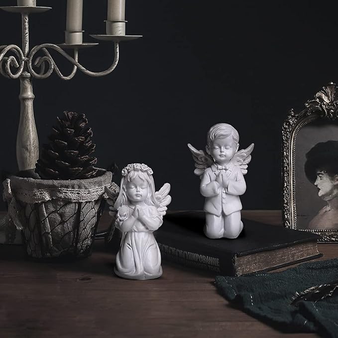 YUEOECOR 2PCS Cherubs Angels Resin Garden Statue Figurine, Adorable Angel Sculpture Memorial Statue Indoor Outdoor Home Garden Decoration (A 2PCS White)
