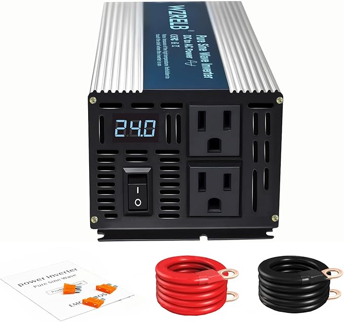 WZRELB 600W Pure Sine Wave Inverter 24V DC to 110V 120V AC Power Converter with LED Display, Off-Grid Portable Power Inverter with 2 AC Outlets for Home, RV, Truck, Camping