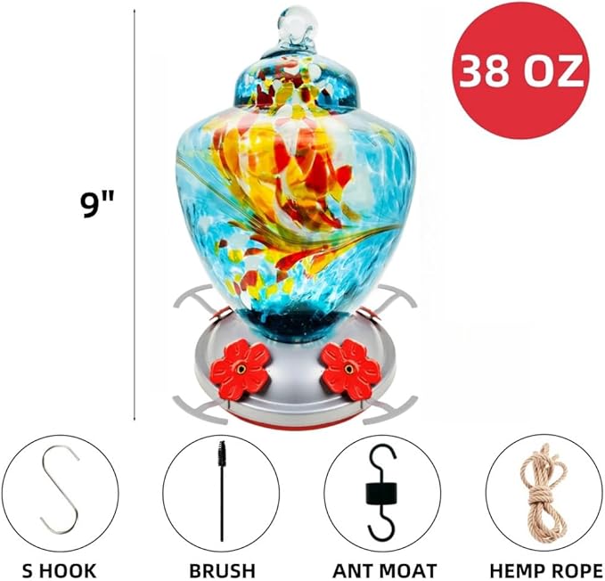 REZIPO Hummingbird Feeder with Perch - Hand Blown Glass - Blue - 38 Fluid Ounces Hummingbird Nectar Capacity Include Hanging Wires and Moat Hook