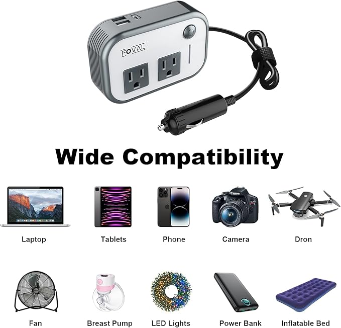FOVAL 200W Car Power Inverter, DC 12V to 110V AC Car Laptop Charger Fast Charger Converter with [27W PD USB-C] & Dual USB Ports Multi-Protection Car Outlet Adapter Power Inverter for Vehicles