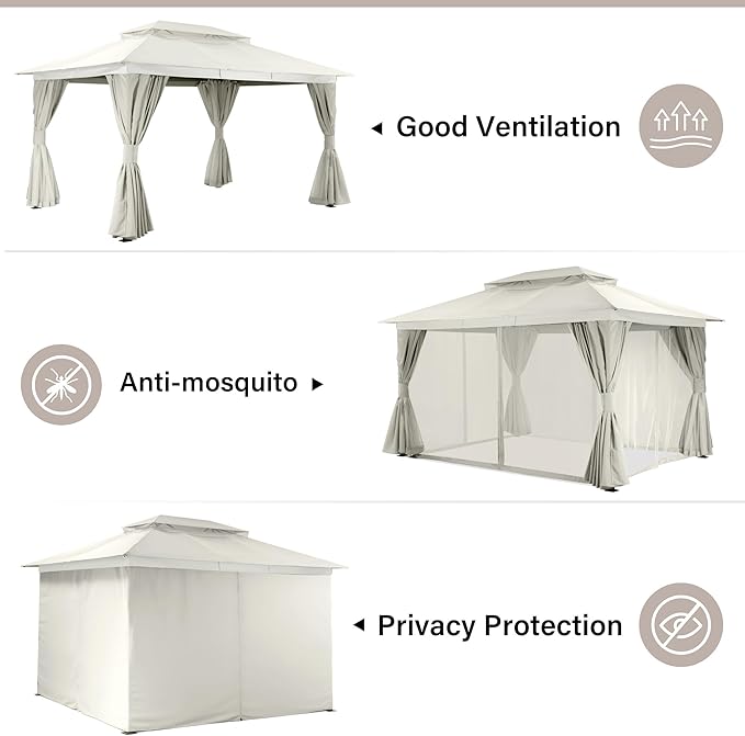 LAUSAINT HOME Outdoor Patio Gazebo 10'x13' with Expansion Bolts, Heavy Duty Gazebos Shelter Party Tent with Double Roofs, Mosquito Nettings and Privacy Screens for Backyard, Garden, Lawn, Cream White