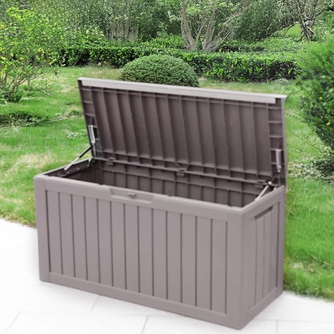 BTEXPERT 80 Gallon Outdoor Storage Container Deck Box with Metal Support Rods for Patio Furniture Garden Tools Cushions Waterproof Lockable UV Resistant Resin