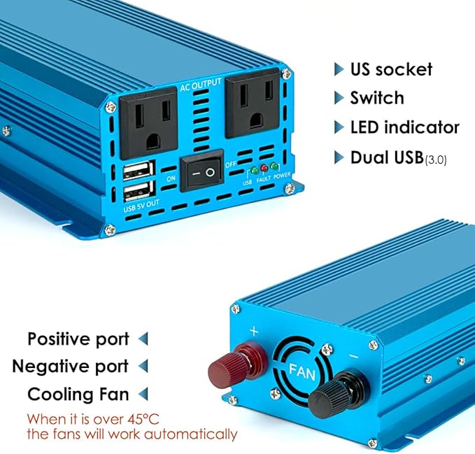 LVYUAN 500 watts 1000 (Peak) Pure Sine Wave Car Power Inverter 12V DC to 110V/120V AC Converter with 2 sockets and USB Port for Car Truck Family Solar System,RV, Truck,Road Trip