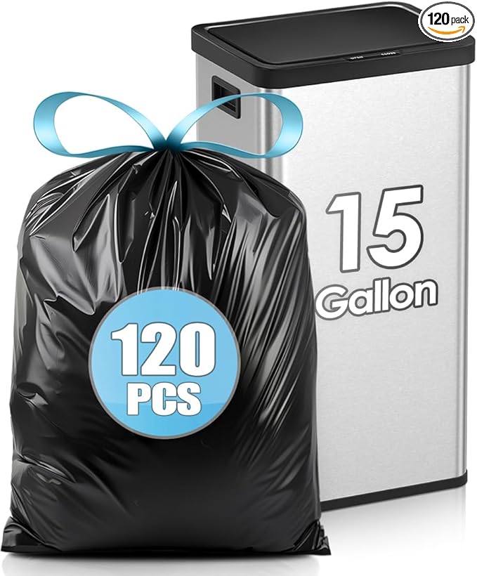 Teivio 15-16 Gallon 120 Counts Strong Tall Kitchen Drawstring Trash Bags, Medium Plastic Garbage Bags for Home Kitchen Garden Office Tall Trash Can, Black Waste Bin Liners