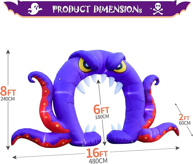 DomKom Halloween Inflatable Blow Up Decorations, 16FT Long 8FT Tall Purple Monster Octopus Archway, Built-in LEDs for Holiday Party, Garden, Lawn, Yard, Patio Décor