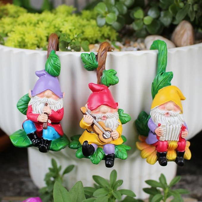 3 PCS Gnome Playing Music, Climbing Gnomes Tree Faces Decor Outdoor for Yard, Gnomes Statue, Outdoor Fairy Garden Resin Crafts, Flower Pot Landscape Dwarf, Micro Landscape Pendant Ornaments