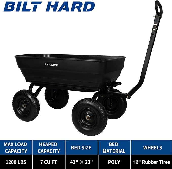 BILT HARD 1200 lbs 7 Cu Ft Poly Garden Dump Cart with 2-in-1 Convertible Handle, No Flat Tires, Quick Release, Dump Wagon Heavy Duty for Yard, Outdoor