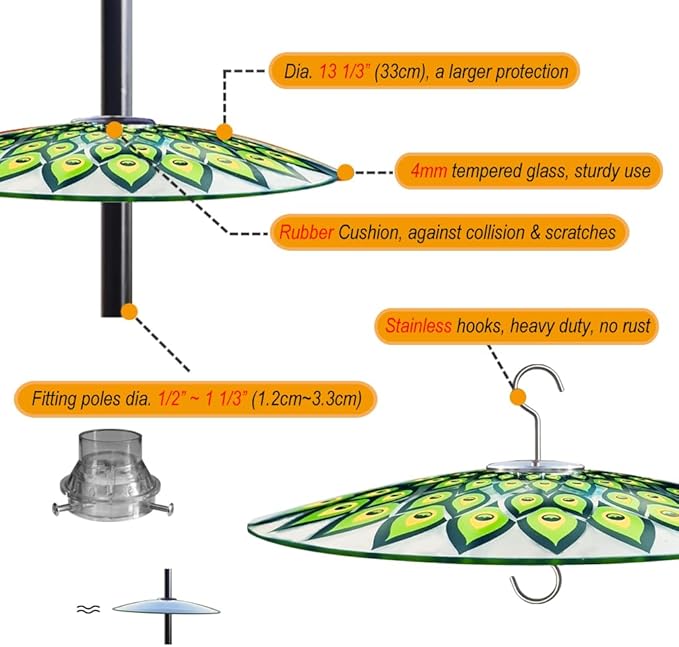 13" Glass Rain Cover for Bird Feeder Outdoors - Pack of 2PC X Baffle on Shepherd Pole/Post or S Hook Hanging - Large Weather Guard Protective Dome - Dia. 33CM - Peacock Feather