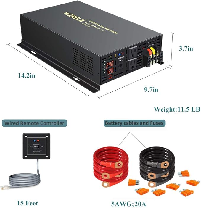 WZRELB 2000W 24VDC 120VAC Pure Sine Wave Power Inverter with 2 AC Outlets Wired Remote Control Car Inverter (RBP-200024WR)