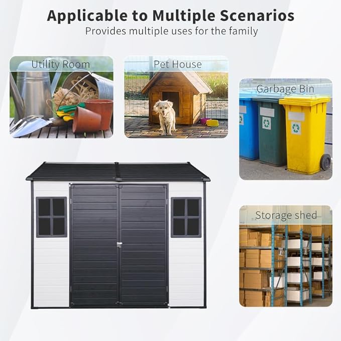 8x6 FT Resin Outdoor Storage Shed with Floor and 2 Windows, Outside Plastic Sheds Storage Clearance w/Lockable Door, Backyard Garden Tool House for Patio, Yard, Lawn, Bike, Grey White