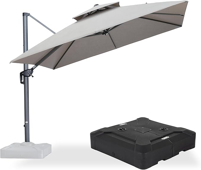 PURPLE LEAF Cantilever Umbrella with Base Included Outdoor Double Top Deluxe 10 Feet Square Patio Offset Hanging Square Umbrella for Garden Patio Deck Pool Cast Ash