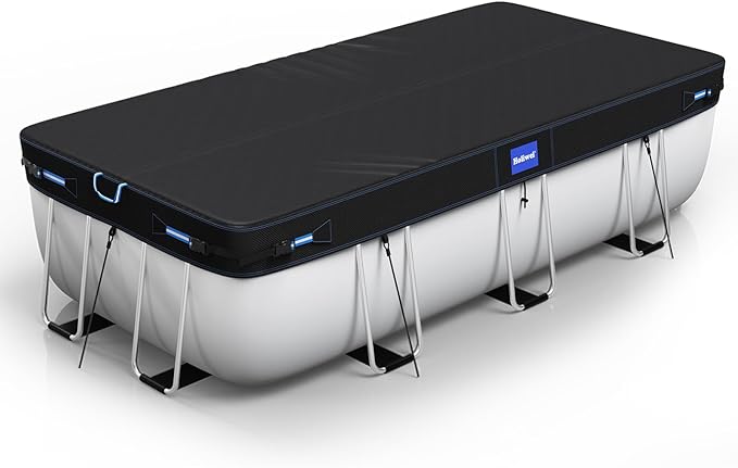 12x18 Ft Rectangular Pool Cover with Reflective Strips for Above Ground Pool, 420D Swimming Pool Cover for Rectangular or Oval Frame Pools, Solar Cover with Drawstring and Ground Nails