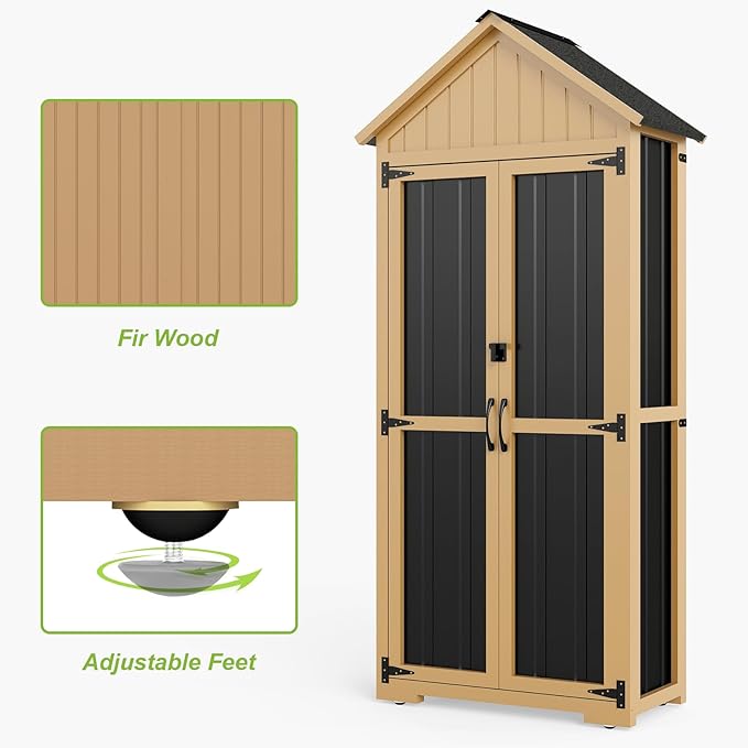 Outdoor Storage Cabinet with Shelf, Wood & Metal Storage Shed with Lockable Doors & Sloping Roof, Outdoor Cabinets for Patio Backyard, Garden Shed Tool Shed and Accessories, Brown