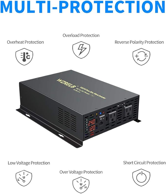 WZRELB 1000W 24VDC 120VAC Pure Sine Wave Power Inverter with 2 AC Outlets Wired Remote Control Car Inverter (RBP-100024WR)