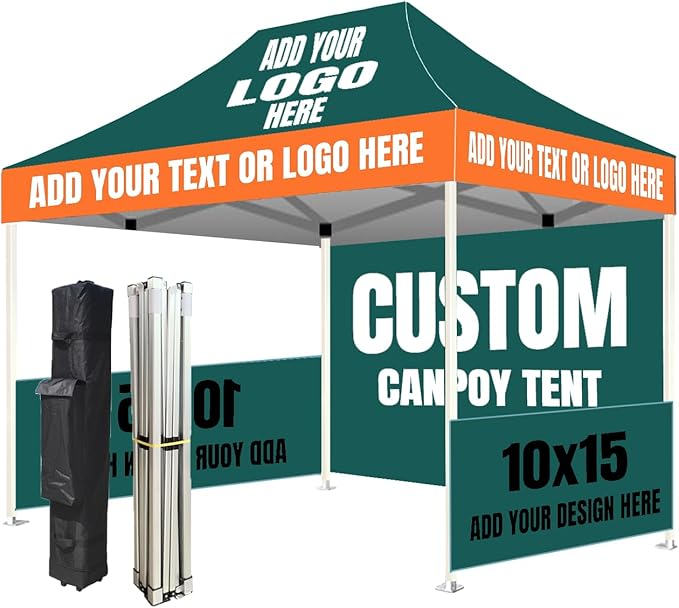 Custom Canopy Tent 10x15 with Logo- Pop Up Canopy Tent Packages for Outdoor and Trade Show Events - Nano-Grade Water Repellent Heavy Duty (1 Full Wall + 2 Half Wall)