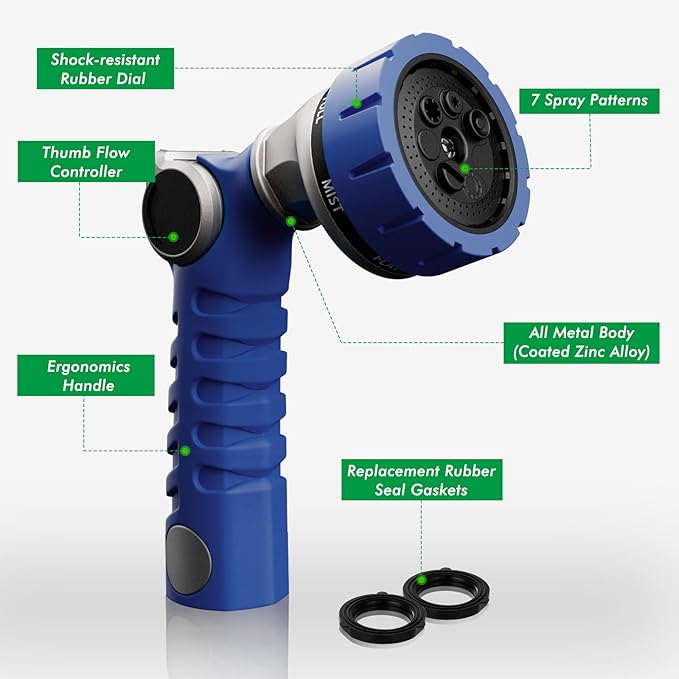 RESTMO Heavy Duty Hose Nozzle, Metal Garden Water Hose Sprayer with 7 Watering Patterns, Thumb Control, On Off Valve, High Pressure Nozzle Sprayer for Watering Plants, Car and Pet Washing, Blue