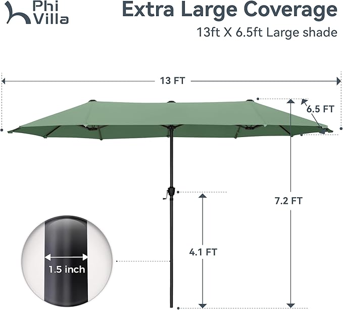 PHI VILLA 13ft Large Patio Umbrellas, Double-Sided Outdoor Market Rectangle Umbrella for Outside, Mint Green