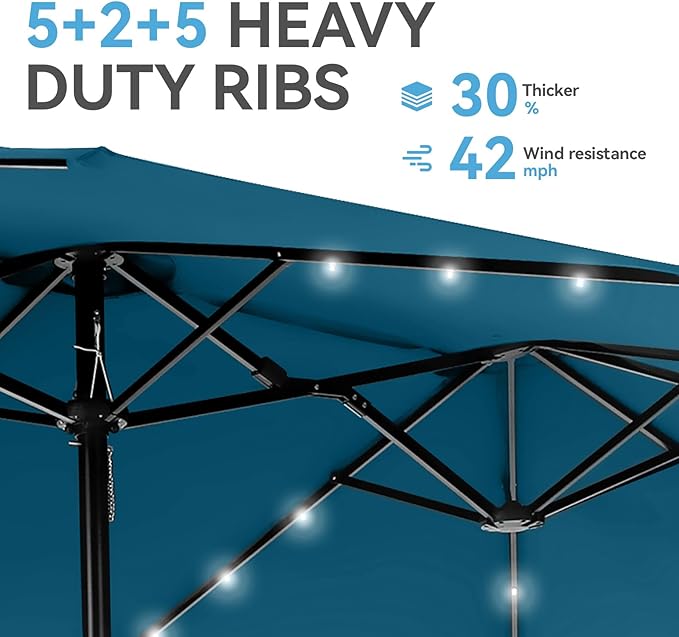 GREEN PARTY 15 ft Rectangle Patio Umbrella with Solar Lights and Base Included, Double-Sided Market Table Umbrella with Crank, Large Outdoor Umbrellas for Patio Poolside Garden Backyard, Cerulean