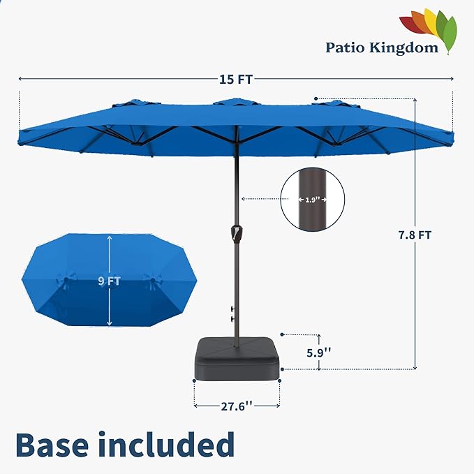 15FT Double Sided Patio Umbrella with Base Included Large Outdoor Market Umbrella with Crank Handle, UV Resistant Canopy, Sturdy Frame for Garden, Poolside, Deck, Royal Blue