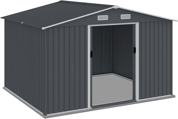 Outdoor Storage Shed 8 x 10 FT Large Metal Tool Sheds, Heavy Duty Storage House with Sliding Doors with Air Vent for Backyard Patio Lawn to Store Bikes, Tools, Lawnmowers Grey