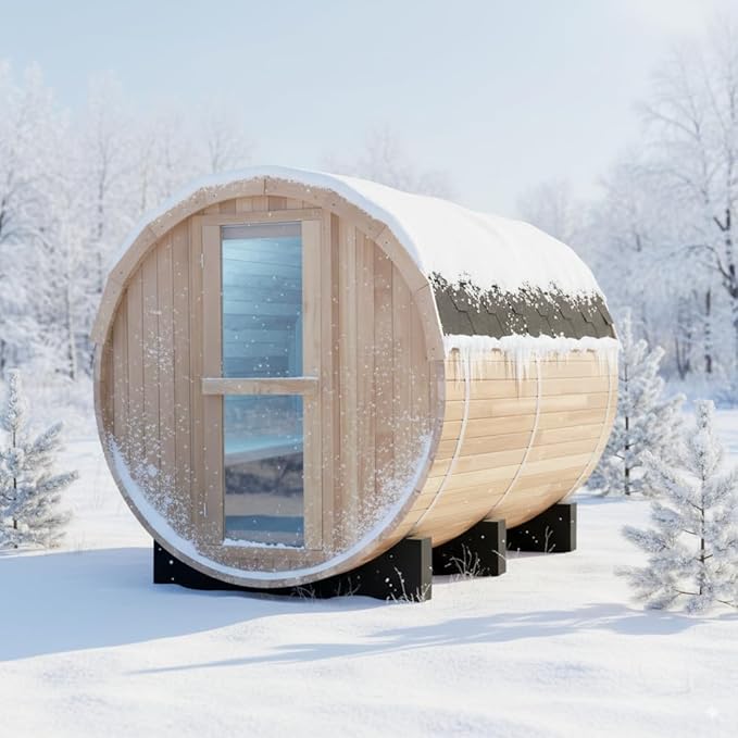Outdoor Barrel Steam Sauna, 6-8 Person Wood Sauna Room with 6kw Toule Electric Heater with Sauna Stone, Canadian Helmock Wooden Sauna, Sauna Accessories and Asphalt Shingle Roof (Helmock)