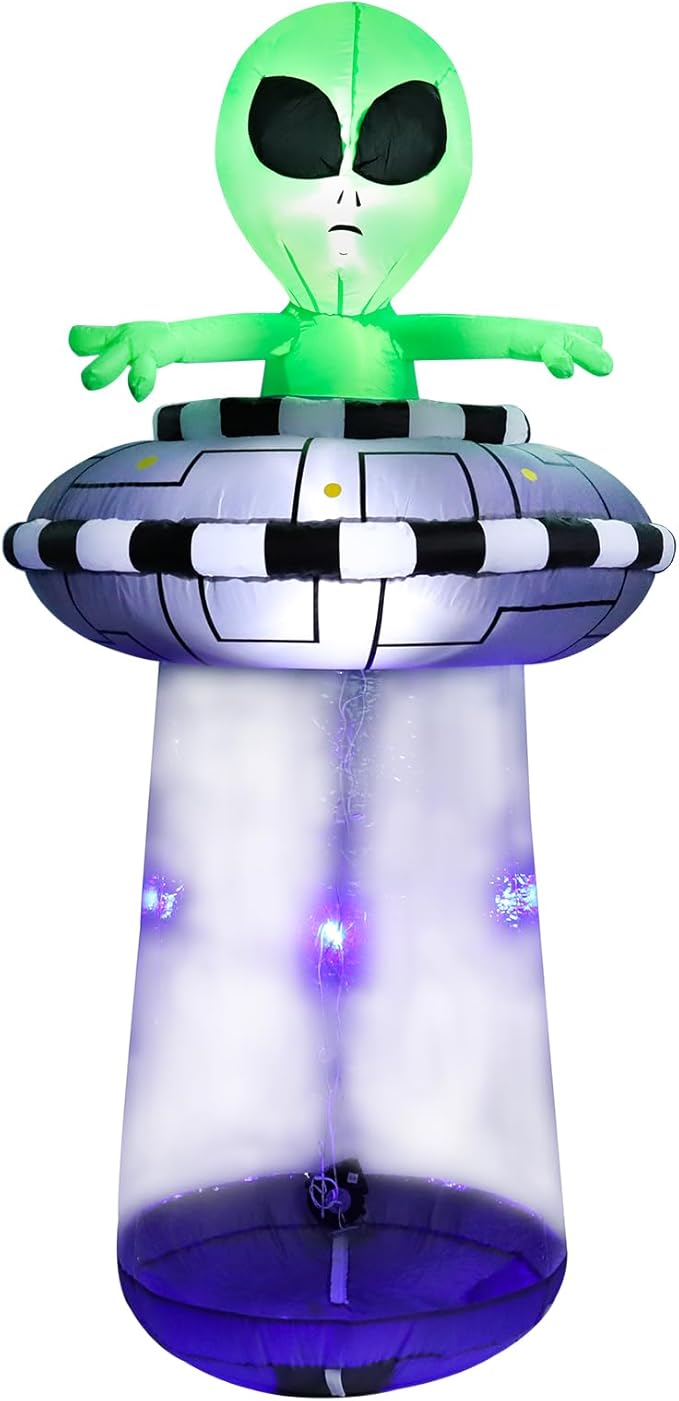 6FT Halloween Inflatable Alien with UFO Spaceship, Lighted Blow Up Outdoor Decoration with Spinning Lights, Giant Green Alien Prop for Lawn, Yard, Party, Haunted House