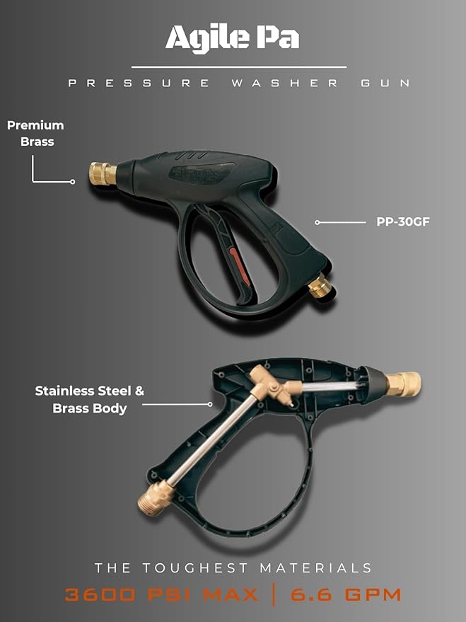 Agile Pa Short Swivel Pressure Washer Gun, 3600 PSI, 1/4" Quick Connector Outlet, M22-14mm Inlet, Adapters for M22-15mm and 3/8" QC Inlet. Power Washer Gun for Car, Boat and Home Cleaning