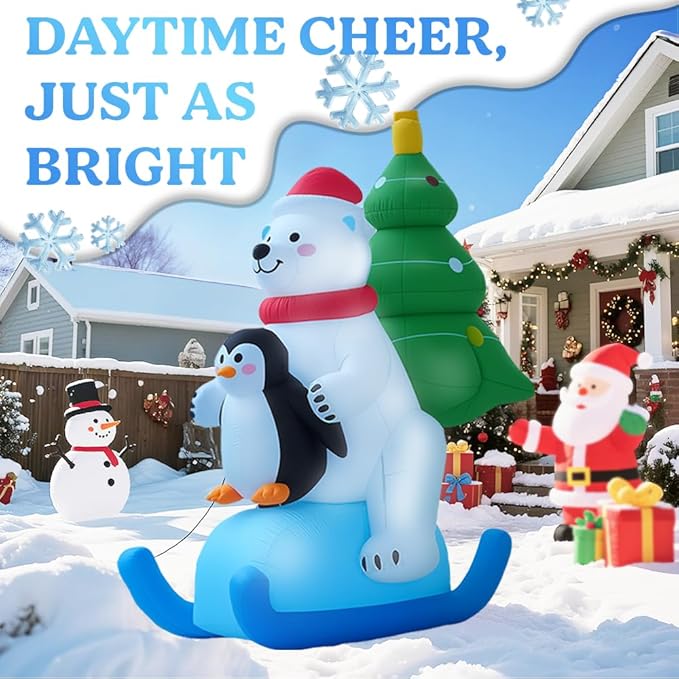 GARIG 7FT Christmas Inflatables White Bear Skiing with Penguin Outdoor Decorations, Christmas Blow Up Yard Decorations with Built-in LEDs for Xmax Outdoor Party, Yard, Garden