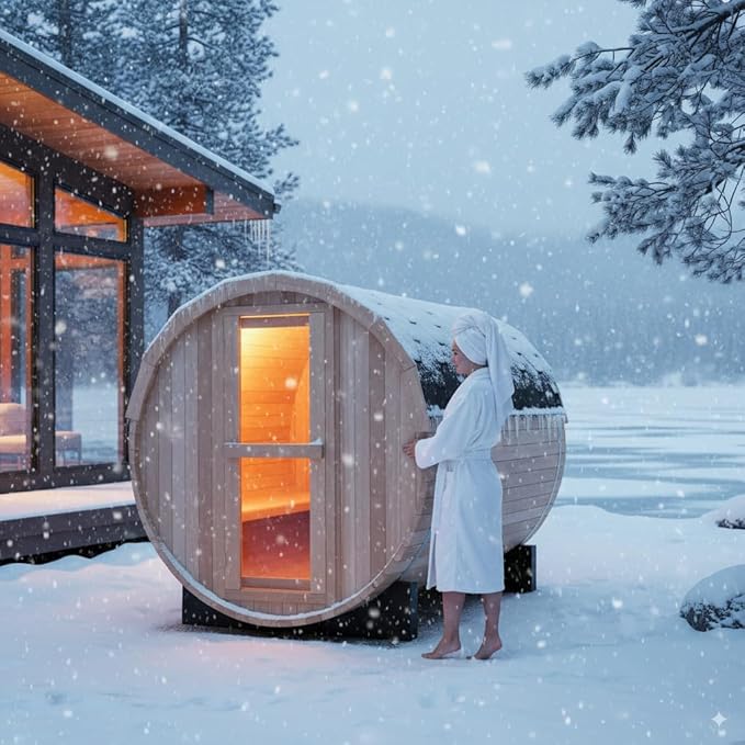Outdoor Barrel Steam Sauna, 4-6 Person Wood Sauna Room with 220V，6kw Toule Sauna Heater with Sauna Stone, Canadian Helmock Wooden Sauna, Sauna Accessories and Asphalt Shingle Roof (Helmock)