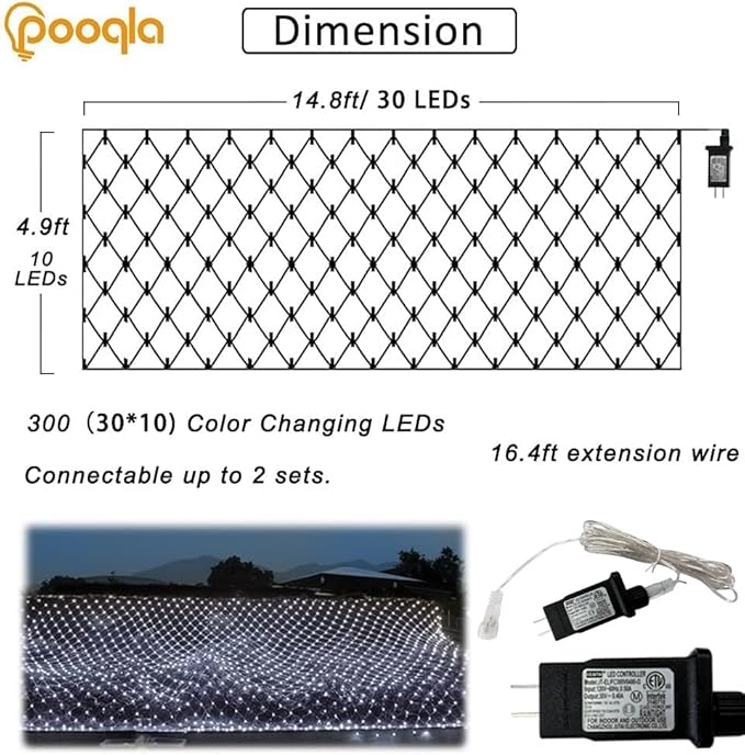 White Net Lights Outdoor, 300 LED Christmas Net Mesh Lights for Bushes 14.8x4.9 ft, 8 Modes Waterproof Twinkle String Light Connectable for Halloween Hedge Yard Garden Party Decor