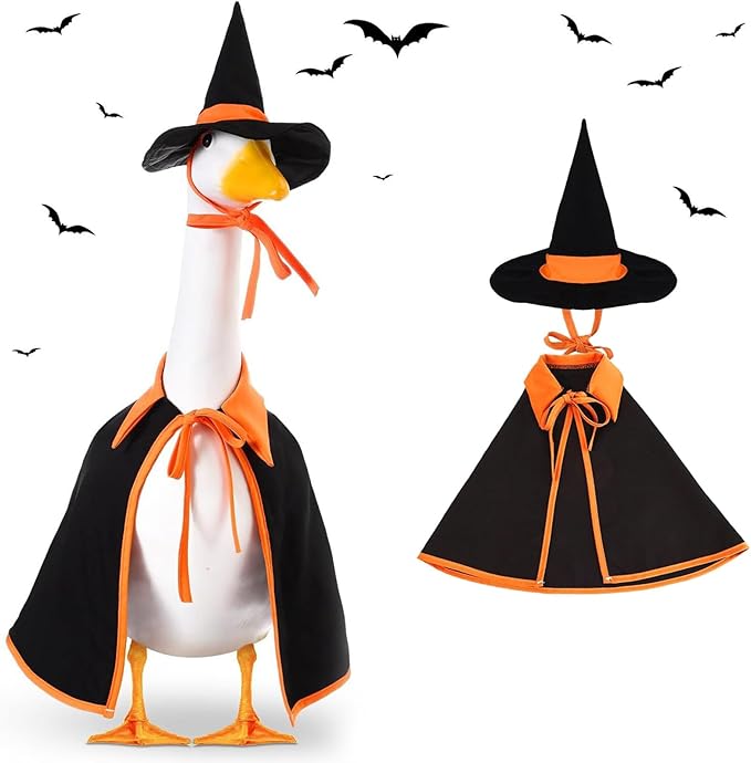 Halloween Porch Goose Outfit Set for 23'' Plastic Statue Lawn Porch Goose Clothes with Cloak Hat Costume for Indoor Outdoor Patio Yard Lawn Art Decor(Orange)