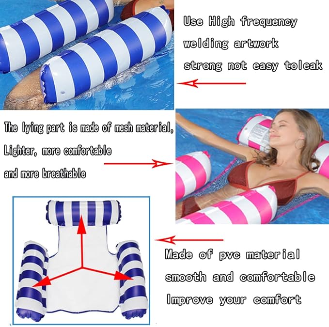 HJW 2-Pack Inflatable Pool Lounger Chair - Multi-Purpose Floating Hammock for Adults, Comfortable Pool Float Raft for Swimming Pool & Water Activities(Striped Dark Blue + Rose red)