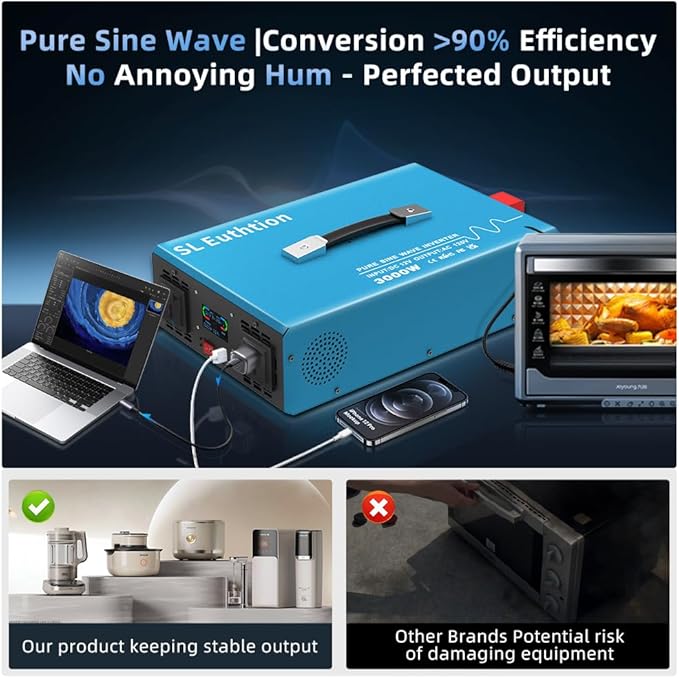 3000W Pure Sine Wave Power Inverter Voice Control AI Voice Assistant Support English 12V to 120V 60HZ with LCD Display, USB Port, for Car Home Laptop Truck