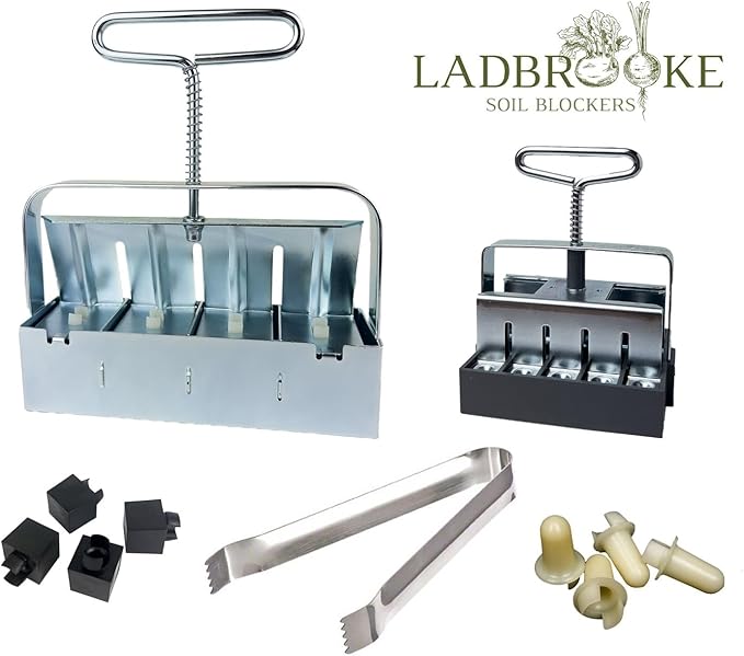 Authentic Ladbrooke Soil Block Maker 5-Pc. Essentials Nesting System Includes Mini 4, Micro 20, Cubic Inserts, 1" Seed Dibbles, and Grow Tweezers, Made in England