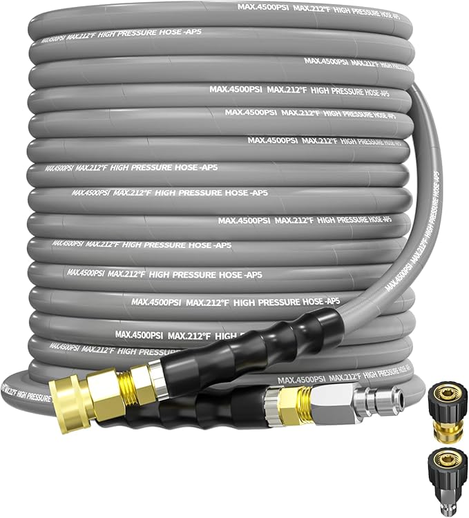 Pressure Washer Hose 50FT 3/8" for Cold and Hot Water 212°F, with Swivel Quick Connect, 4500PSI Kink Resistant Grade Steel Wire Braided, Power Washer Hose With 2pcs M22-14mm Adapter