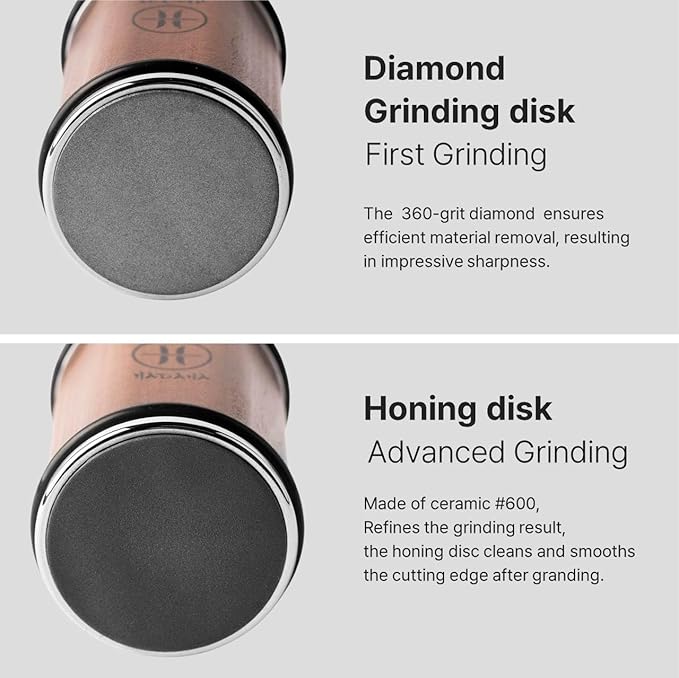 HADANA Rolling Knife Sharpener Tool Kit for Straight Edge - 360 Diamond Disc,600 Ceramic Honing Disc,Magnetic Angle with 15,18,20,22 Degree for various type of Kitchen Knives (Walnut Edition)