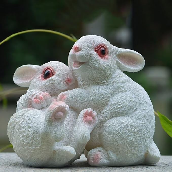 Garden Statues Bunny Decor Resin Hug Rabbit Figurine Cute Fairy Garden Decor Outdoor Statues for Patio Yard Porch Balcony Gifts for Women Mom Grandma White
