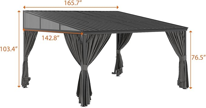 MOUMON 12x14Ft Hardtop Gazebo, Aluminum Frame Wall Mount Outdoor Gazebo with Netting & Curtains, Sloping Galvanized Iron Roof, Sun Shade Pergola Canopy for Patio Garden Backyard, Black Grey