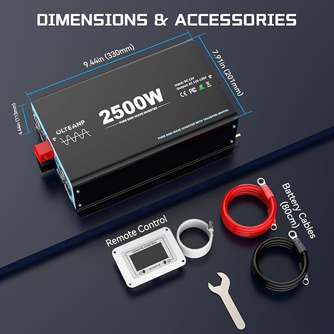2500W Pure Sine Wave Inverter with Transfer Switch, 12V DC to 120V AC Converter with 2AC Outlets, USB Port, Type-C Port, Remote Controller, Power Inverter for RV, Outdoor, Auto Swtich to Shore Power