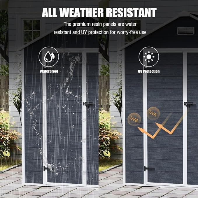 6x6 FT Outdoor Storage Shed with Floor and Window, Waterproof Resin Garden Tool Sheds w/Lockable Door, Vents & Sloped Roof, All-Weather Plastic Tool House for Patio, Backyard, Lawn, Dark Gray